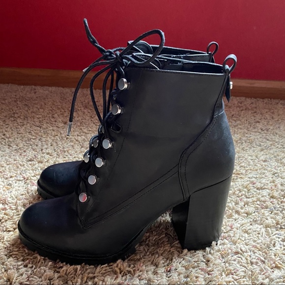 Report Shoes - Black Combat Lace Up Zipper Heeled Booties